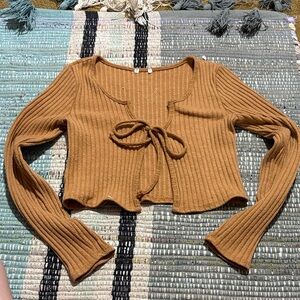 Brown Ribbed Tie-Front Cardigan